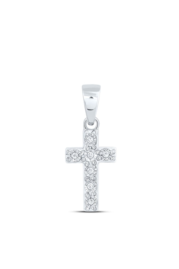925 Sterling Silver Real Diamond Unisex Classic 1 Row Mini Cross Pendant 1/8 CT