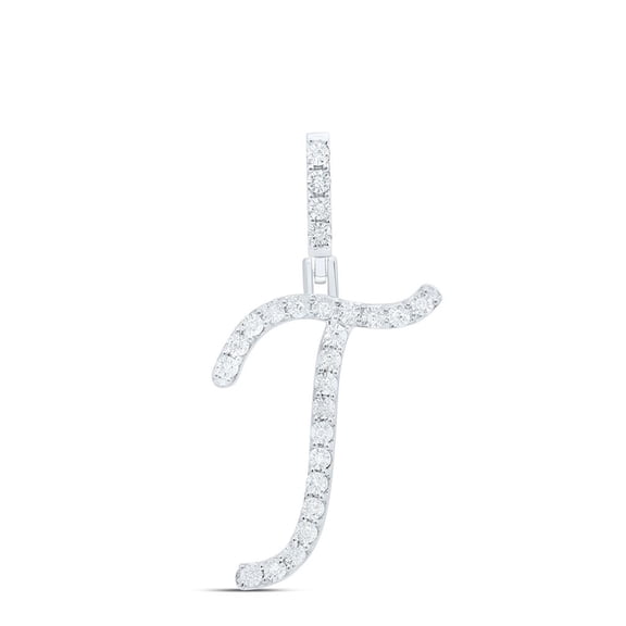 925 Sterling Silver Real Diamond Women's Script Font Initial T Pendant 1/10 CT