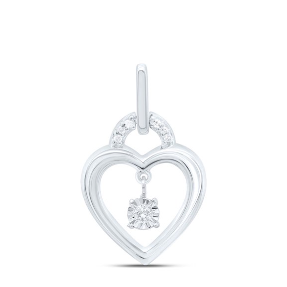 925 Sterling Silver Real Diamond Womens Floating Open Heart Lock Pendant 1/20 CT