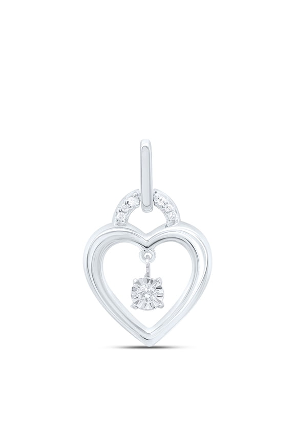 925 Sterling Silver Real Diamond Womens Floating Open Heart Lock Pendant 1/20 CT