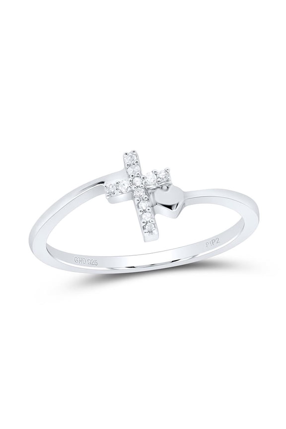 .925 Sterling Silver Real Diamond Womens Heart Slender Cross Bypass Ring 1/20 CT
