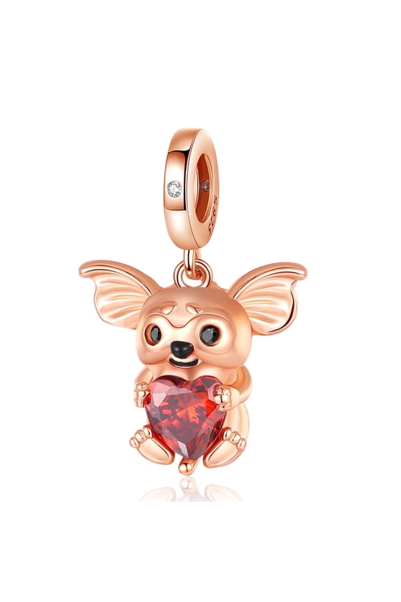 925 Sterling Silver Real Rose Gold Plated Big Ear Mouse Red Heart Stone Dangle Charm For Bracelets