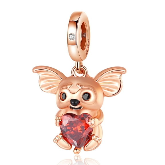 925 Sterling Silver Real Rose Gold Plated Big Ear Mouse Red Heart Stone Dangle Charm For Bracelets