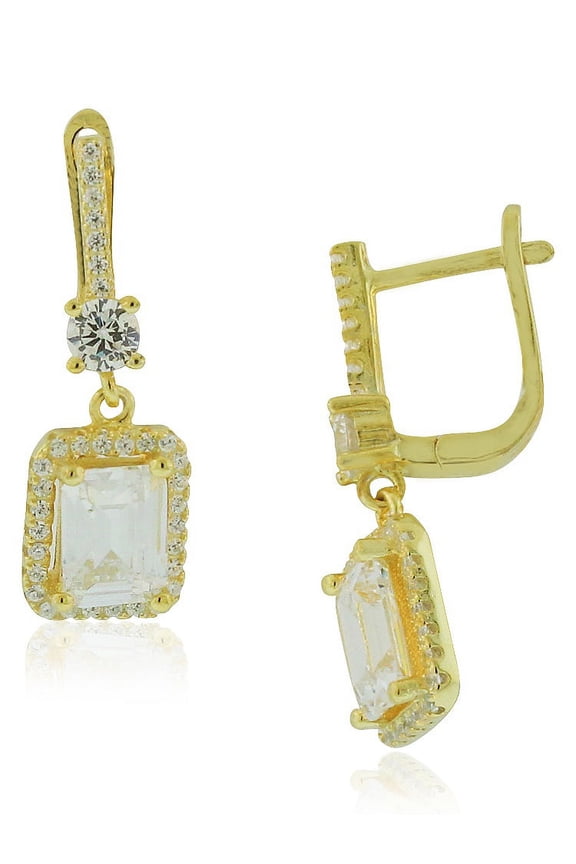 925 Sterling Silver Rectangular Round CZ Drop Dangle Earrings, 1"