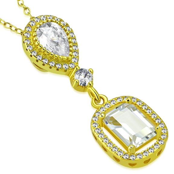 925 Sterling Silver Rectangular Teardrop CZ Elegant Pendant Necklace, 18"