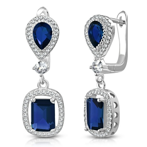 925 Sterling Silver Rectangular Teardrop Multicolor CZ Drop Dangle Earrings, 1.2"