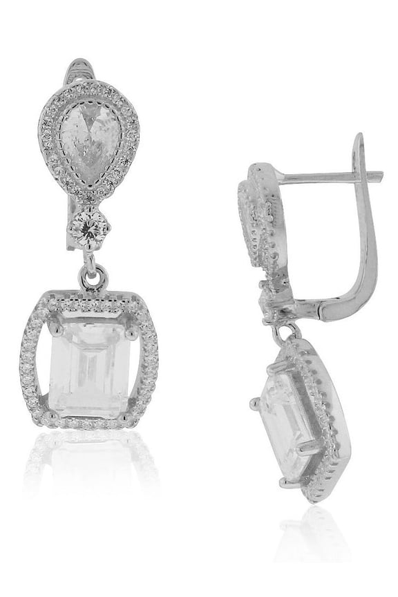 925 Sterling Silver Rectangular Teardrop White Clear CZ Drop Dangle Earrings, 1.2"