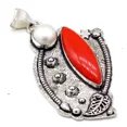 thumbnail image 1 of 925 Sterling Silver Red Coral & MOP Gemstone Jewelry Pendant Size-2.10", 1 of 2