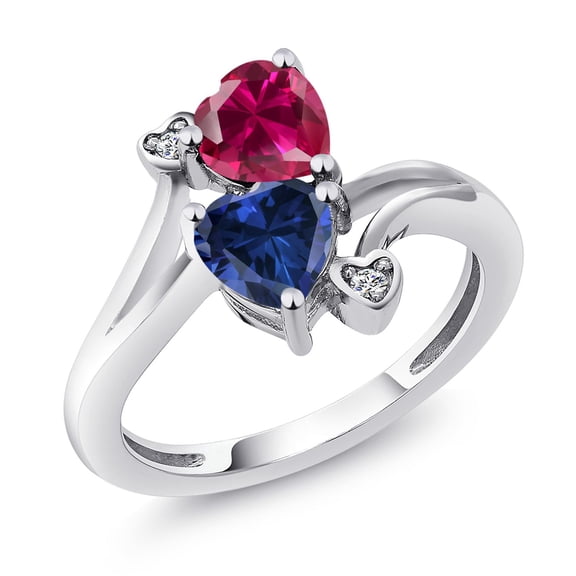 Gem Stone King 925 Sterling Silver Red Created Ruby Blue Created Sapphire and White Lab Grown Diamond Ring for Women (1.79 Cttw, Heart Shape 6MM, Gemstone July Birthstone, Size 7)
