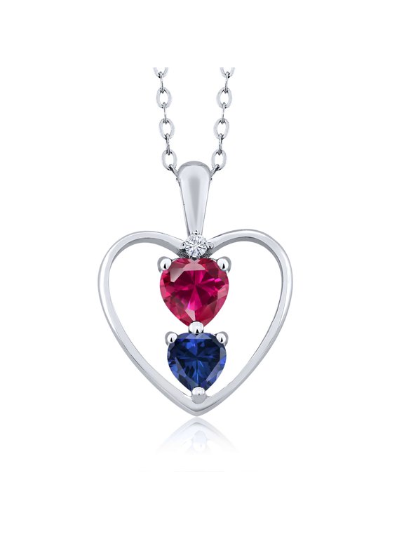 925 Sterling Silver Red Created Ruby Blue Created Sapphire and White Moissanite Pendant Necklace for Women (1.11 Cttw, Gemstone July Birthstone, Heart 5MM and 4MM, with 18 inch Silver Chain)