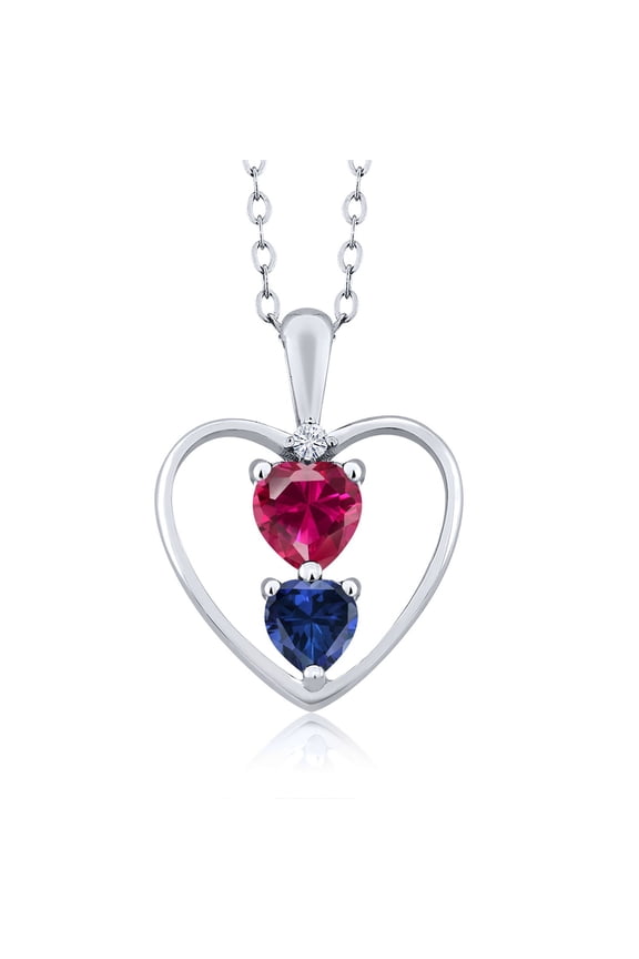 925 Sterling Silver Red Created Ruby Blue Created Sapphire and White Moissanite Pendant Necklace for Women (1.11 Cttw, Gemstone July Birthstone, Heart 5MM and 4MM, with 18 inch Silver Chain)