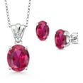 thumbnail image 1 of 925 Sterling Silver Red Created Ruby and White Created Sapphire Pendant and Earrings Jewelry Set for Women (6.74 Cttw, Gemstone Birthstone, Oval 11X9MM and 8X6MM with 18 inch Silver Chain), 1 of 3