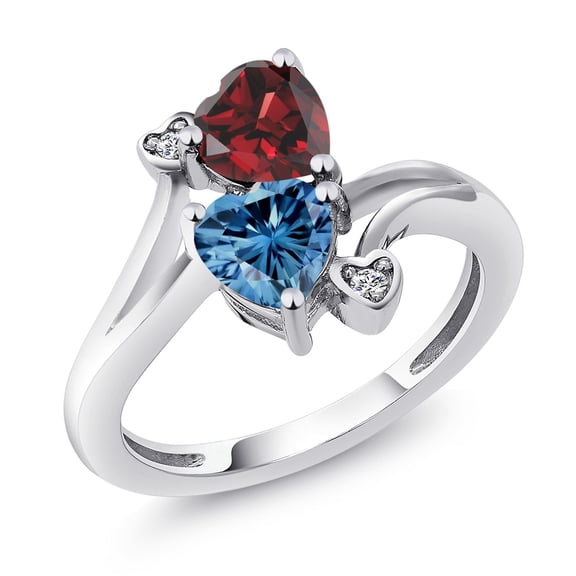 Gem Stone King 925 Sterling Silver Red Garnet Persian Blue Moissanite and White Lab Grown Diamond Ring for Women (1.83 Cttw, Heart Shape 6MM, Gemstone January Birthstone, Size 5)