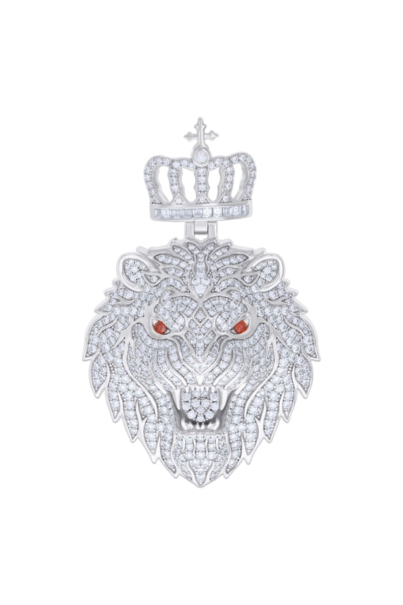 925 Sterling Silver Red & White Round & Baguette Moissanite Iced Out Lion w/ Crown Pendant Leo Zodiac Charm 4.90 Ct.