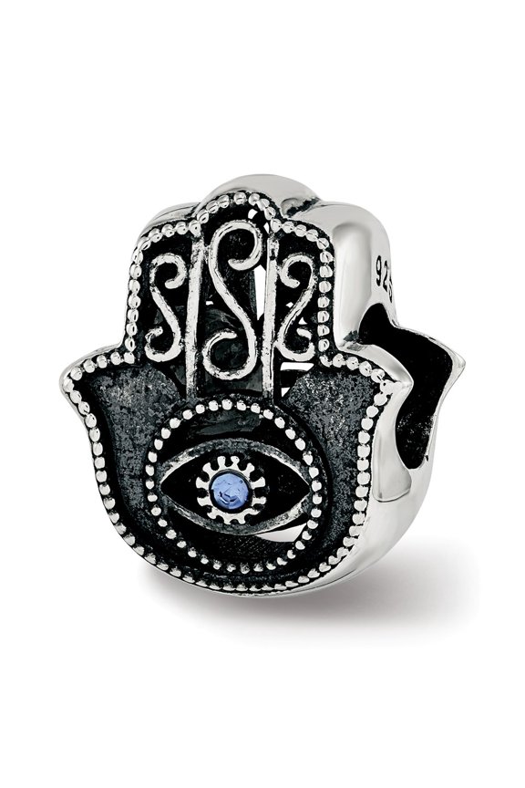 925 Sterling Silver Reflections Antiqued Blue Crystal Hamsa/Chamseh Bead; for Adults and Teens; for Women and Men