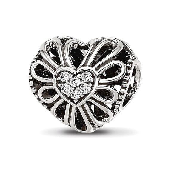 925 Sterling Silver Reflections Oxidized Cubic Zirconia Love Heart Bead 10.72x12.1mm Wide Charm Pendant Necklace for Wom