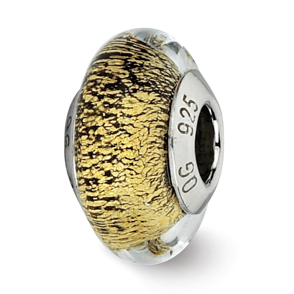 925 Sterling Silver Reflections Black/Gold Italian Murano Glass Bead; for Adults and Teens; for Women and Men
