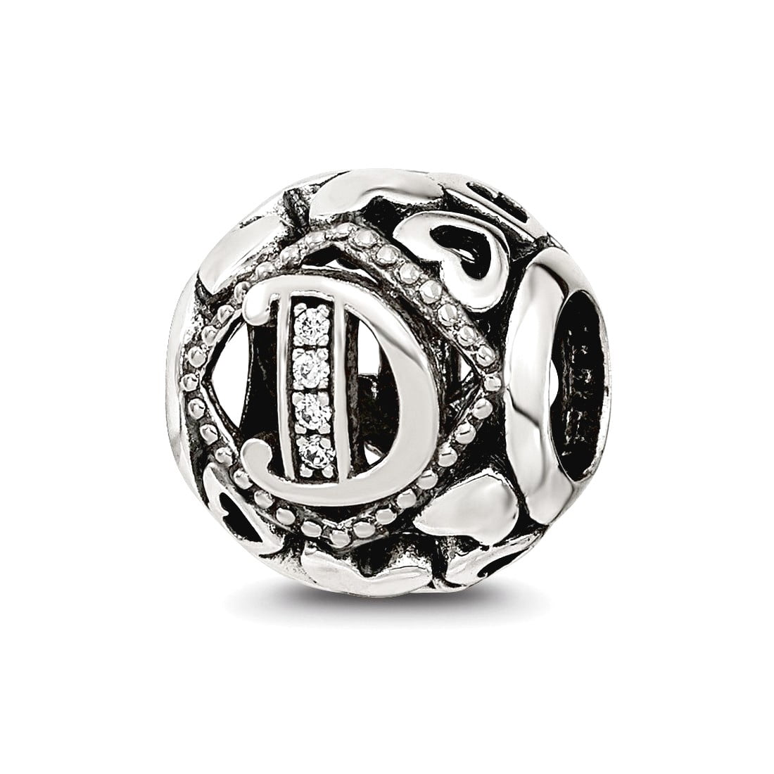 925 Sterling Silver Reflections Cubic Zirconia Letter Name Personalized Monogram Initial D Bead 10.95x10.08mm Wide Charm