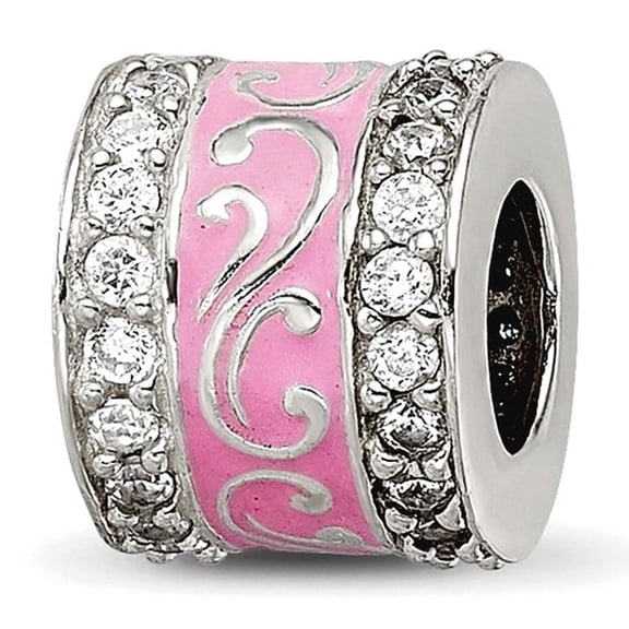 925 Sterling Silver Reflections Pink Enamel Cubic Zirconia Swirl Design Bead 8.67x7.11mm Wide Charm Pendant Necklace for