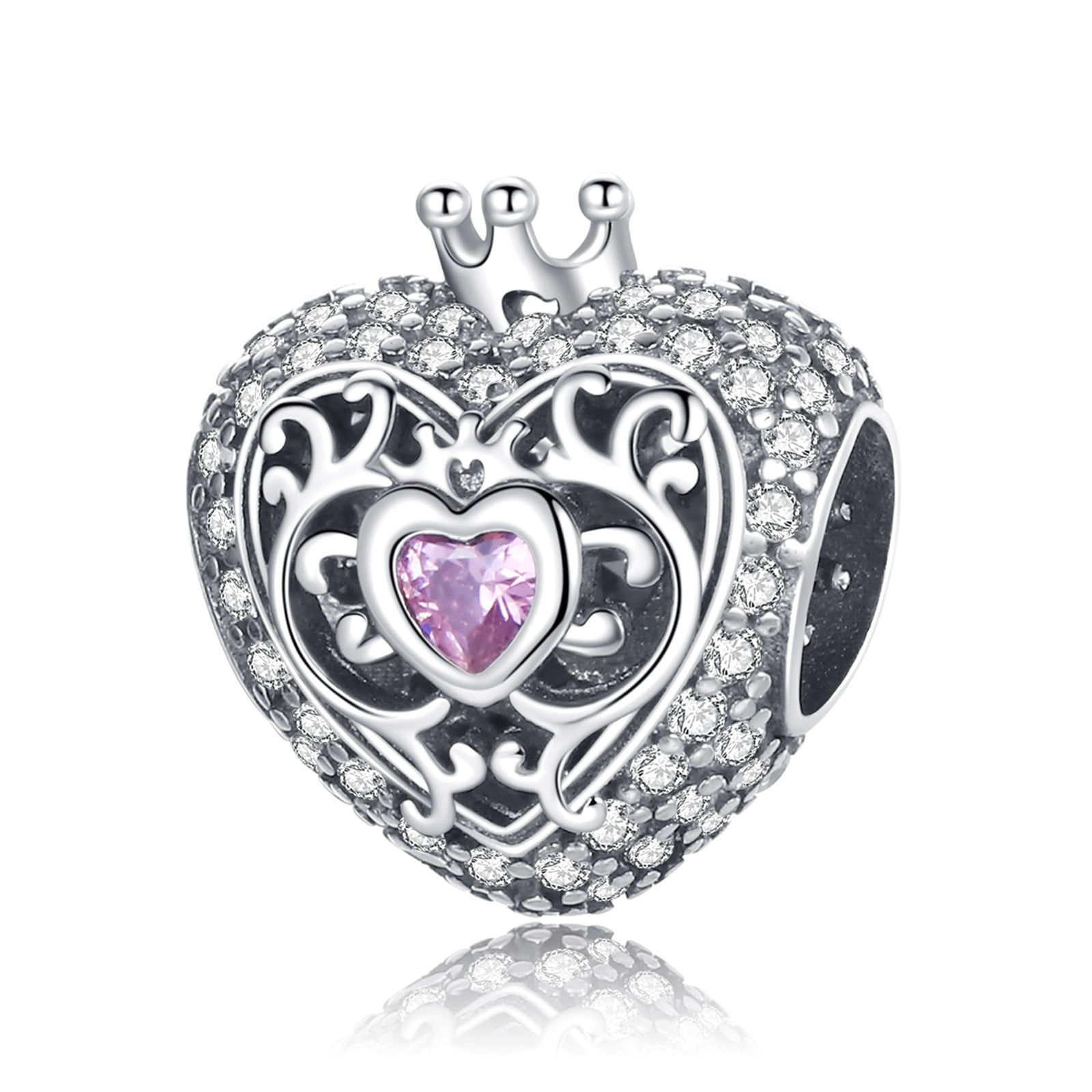 AMUEFER 925 Sterling Silver Regal Crown & Heart Charm for Women Moment Charm Bracelet