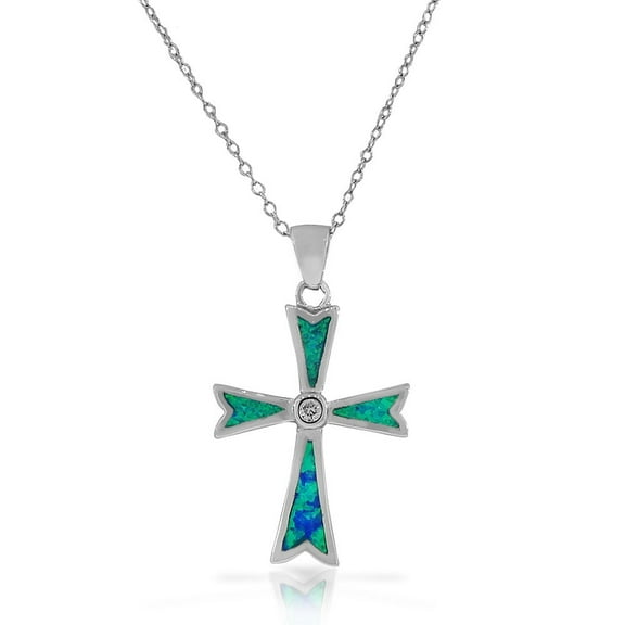 925 Sterling Silver Blue Turquoise-Tone Simulated Opal CZ Cross Necklace