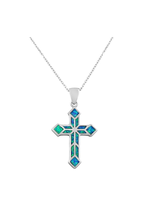925 Sterling Silver Religious Cross Simulated Opal Pendant Necklace