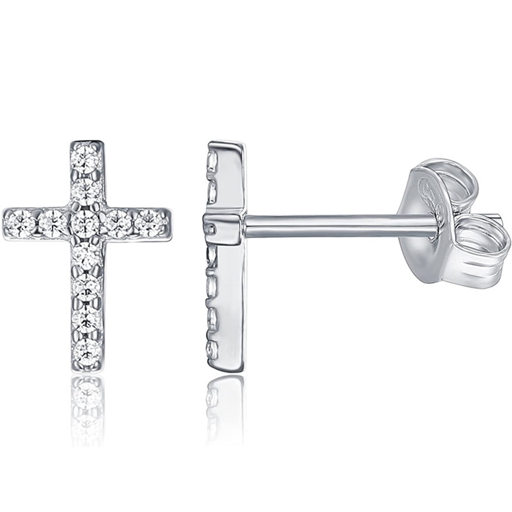 925 Sterling Silver Religious Cross Stud Earrings Cubic Zirconia