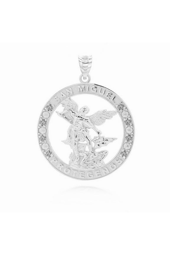 .925 Sterling Silver Religious Saint Michael CZ Medallion Pendant Necklace (Pendant only)