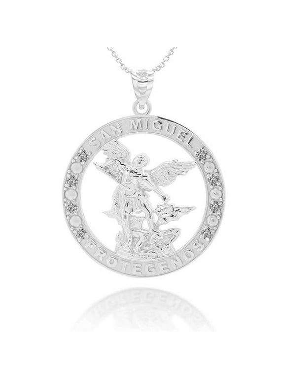 925 Sterling Silver Cubic Zirconia Patron Saint Michael Archangel Round Pendant Necklace (16 Inches)