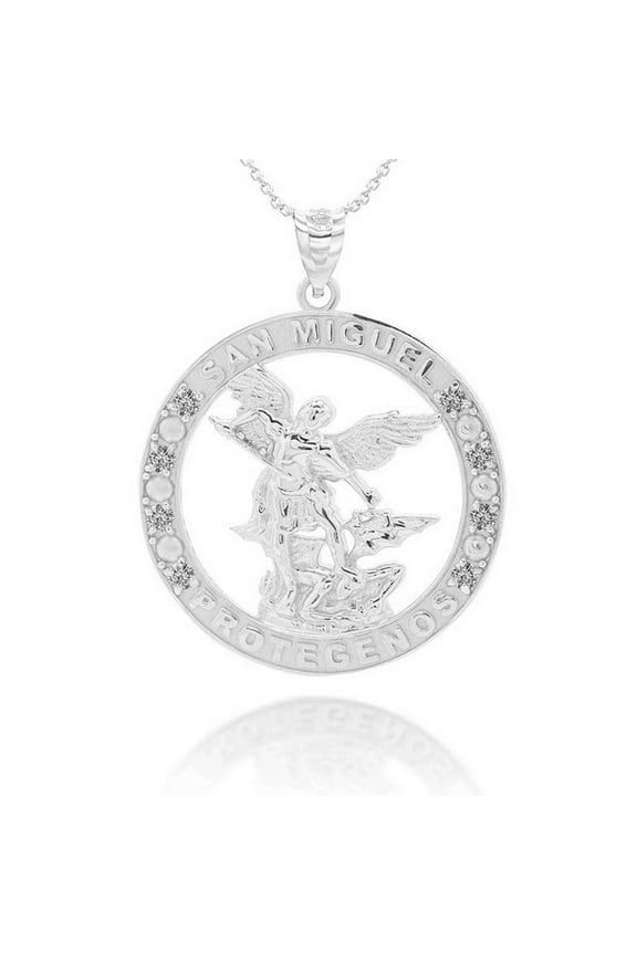 .925 Sterling Silver Religious Saint Michael CZ Medallion Pendant Necklace (Pendant with 18" chain)
