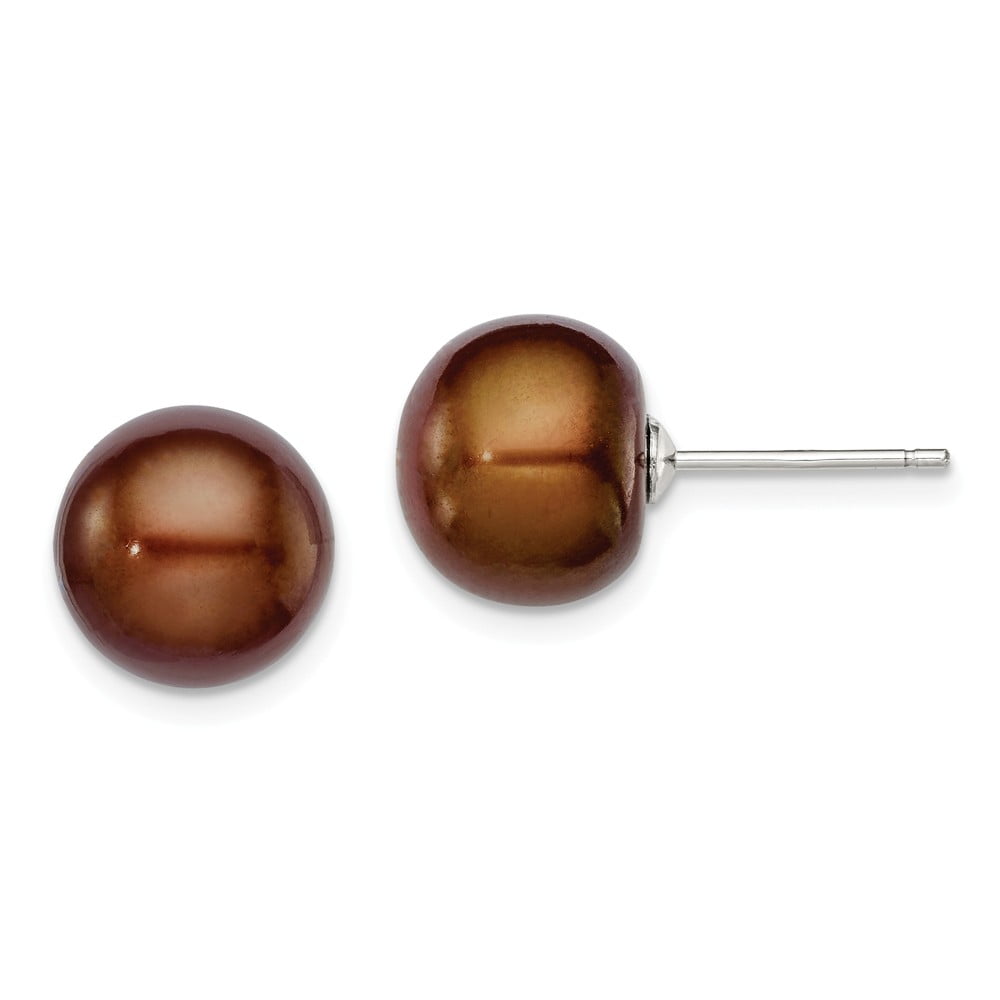 DISCOUNT JEWELERS 925 Sterling Silver Rh-plated 10-11mm Brown FWC Button Pearl Earrings; for Adults and Teens; for Women and Men