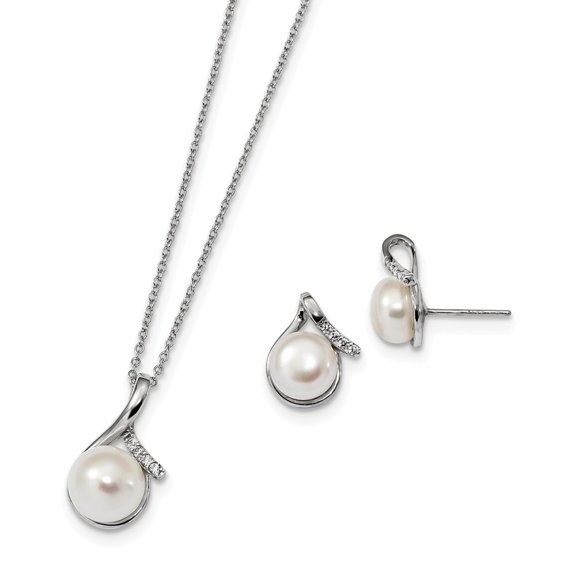 925 Sterling Silver Rh8-10mm White Freshwater Cultured Pearl Cubic Zirconia ( CZ ) Earring Necklace Set