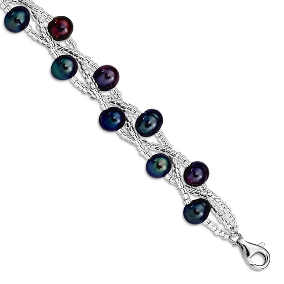 925 Sterling Silver Rhd-plt 7-9mm Black Freshwater Cultured Pearl Plastic Bead Bracelet 7.5 Inch Link Bracelet for Women