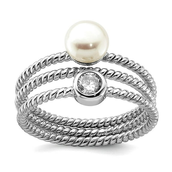 925 Sterling Silver Rhod Plat 6-7mm White Button Fwc Pearl Cubic Zirconia Set Of 3 Ring Size 8 Ring for Women