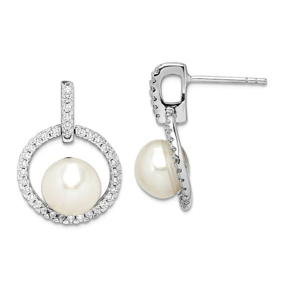 925 Sterling Silver Rhod Plat 8-9mm White Button Freshwater Cultured Pearl Cubic Zirconia Earrings Mea 20.25x14.26mm Wid
