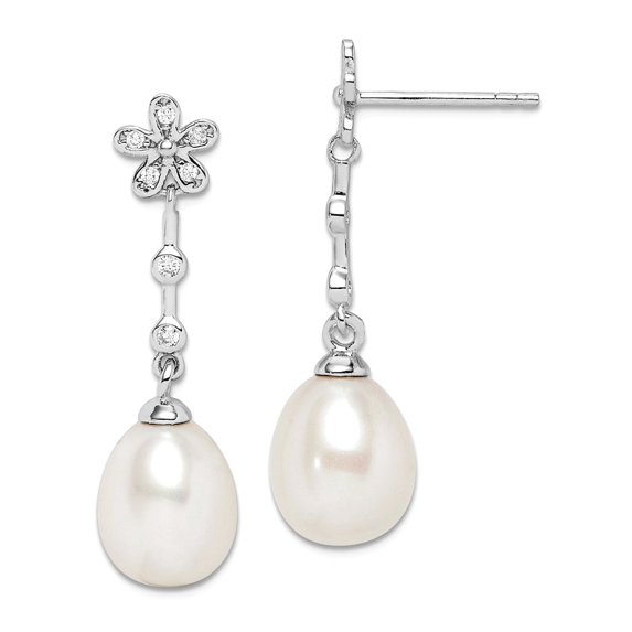 925 Sterling Silver Rhod Plat 8-9mm White Rice Freshwater Cultured Pearl Cubic Zirconia Earrings Measu 30.2mm long Stud