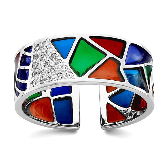925 Sterling Silver Rhod Plated Abstract Multi-color Enamel and Cubic Zirconia Cuff Ring Size 6 Ring for Women
