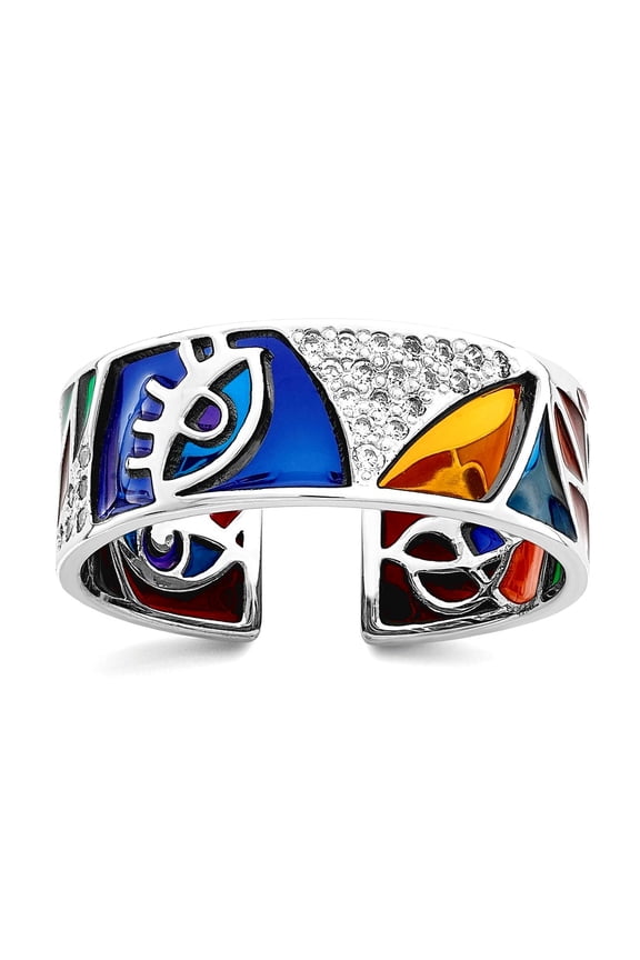 925 Sterling Silver Rhod Plated Abstract Multi-color Enamel and Cubic Zirconia Cuff Ring Size 6 7.37mm Wide Ring for Wom
