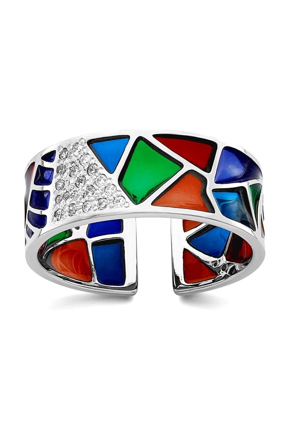 925 Sterling Silver Rhod Plated Abstract Multi-color Enamel and Cubic Zirconia Cuff Ring Size 7 Ring for Women