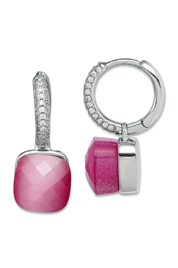 925 Sterling Silver Rhod Plated Cubic Zirconia Lab Cr Pink Cats Eye Hinged Hoop Earrings Hoop Earring for Women