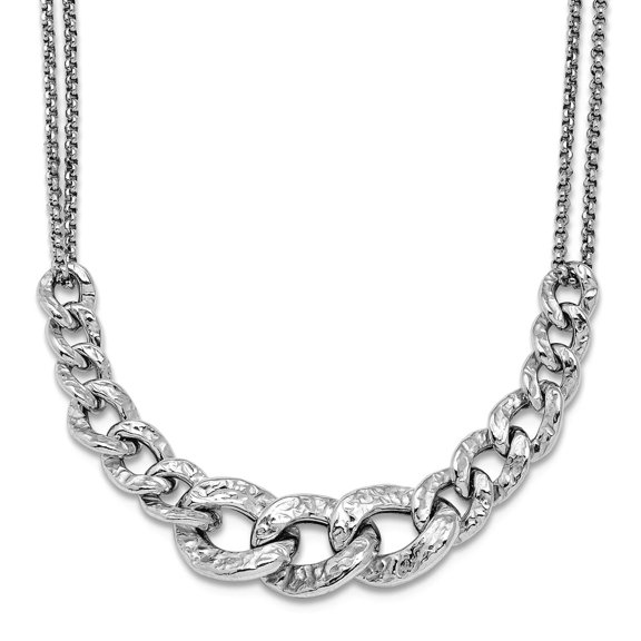 925 Sterling Silver Rhod-pl Textured Link 2 Strand With 2inch Ext Necklace 17 Inch 8.25mm Wide Strand Necklace for Women