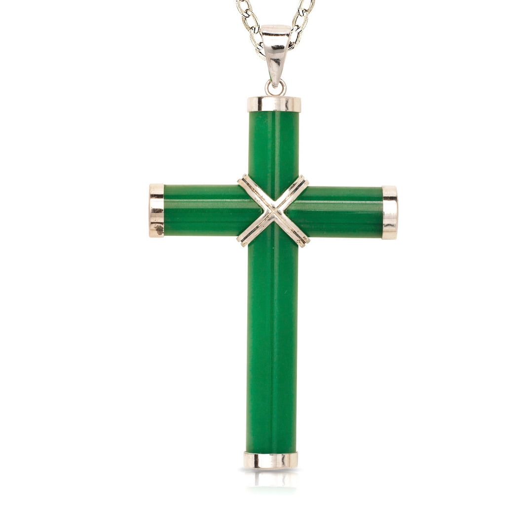 JEWELRYWEB 925 Sterling Silver/Rhodium 18 Inch Mens Extra large Green Dyed Jade Religious Faith Cross Necklace (35mm X 60mm)-Neckla