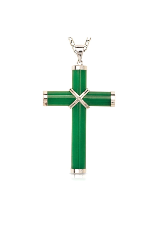 925 Sterling Silver/Rhodium 18 Inch Mens Extra-large Green Dyed Jade Religious Faith Cross Necklace (35mm X 60mm) Neckla