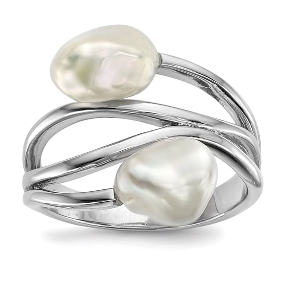 925 Sterling Silver Rhodium 7-8mm White Baroque Freshwater Cultured Pearl Ring Size 7