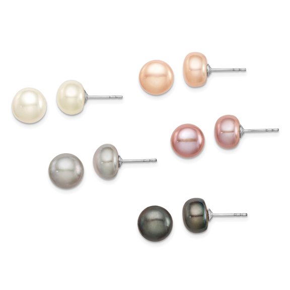 925 Sterling Silver Rhodium 8-9mm Freshwater Cultured Pearl Button Stud Earring Set
