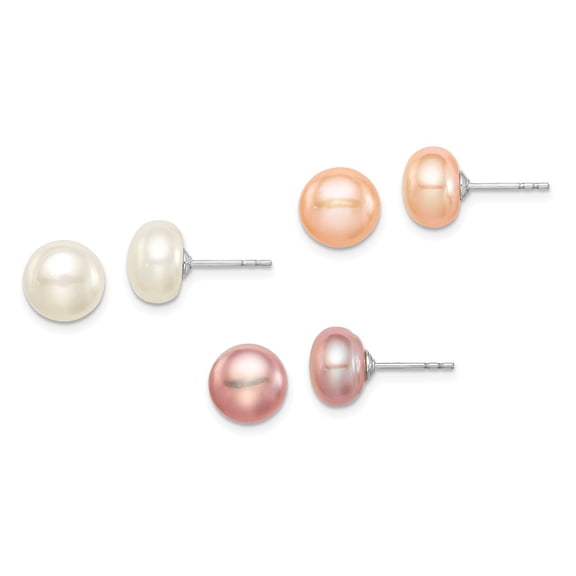 925 Sterling Silver Rhodium 8-9mm Multi-Color Freshwater Cultured Pearl Button Stud Earring Set