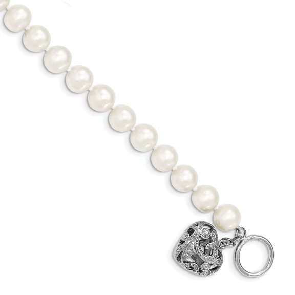 925 Sterling Silver Rhodium 8-9mm White Freshwater Cultured Pearl Heart Toggle Bracelet