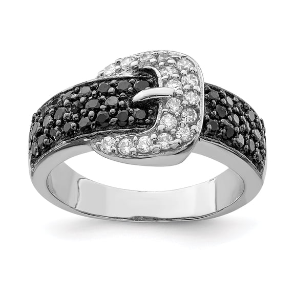 925 Sterling Silver Rhodium Black and Clear Cubic Zirconia Buckle Ring Size 8