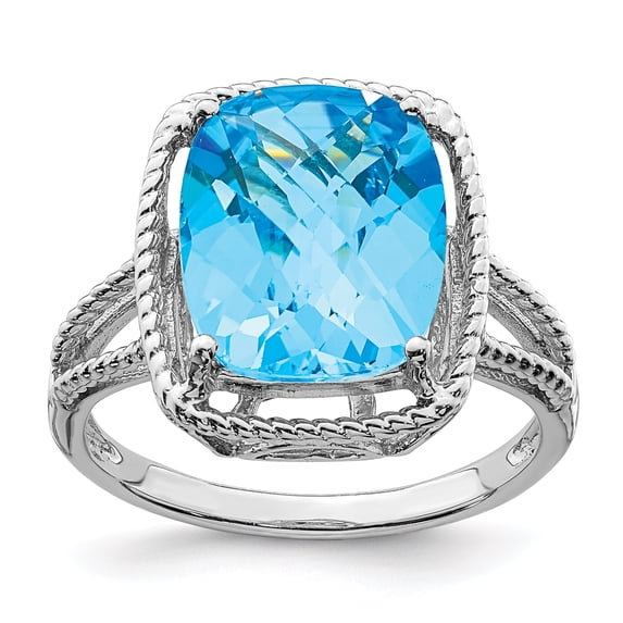 925 Sterling Silver Rhodium Checker-Cut Blue Topaz Ring Size 6