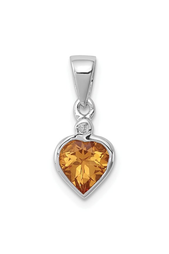925 Sterling Silver Rhodium Citrine Diamond Heart Shaped Pendant